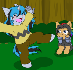 Size: 2488x2400 | Tagged: safe, artist:jolliapplegirl, oc, oc only, oc:epic rhyme, oc:serenade, earth pony, unicorn, anthro, anthro oc, clothes, female, high res, male, next generation, offspring, parent:neon lights, parent:quibble pants, parent:rainbow dash, parent:vinyl scratch, parents:quibbledash, parents:vinylights, story included
