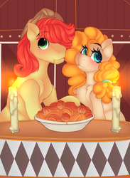 Size: 3206x4388 | Tagged: safe, artist:kribbles, bright mac, pear butter, pony, art pack:first date, g4, blushing, candle, date, duo, female, food, imminent kissing, lady and the tramp, looking away, male, pasta, romantic, ship:brightbutter, shipping, spaghetti, spaghetti scene, straight