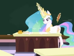 Size: 3006x2285 | Tagged: safe, artist:shutterflyeqd, princess celestia, alicorn, pony, g4, celestia day, chalkboard, desk, female, glowing horn, high res, horn, inkwell, magic, mare, praise the sun, quill, scroll, solo