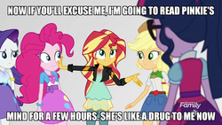 Size: 1280x720 | Tagged: safe, edit, edited screencap, screencap, applejack, pinkie pie, rarity, sci-twi, sunset shimmer, twilight sparkle, equestria girls, equestria girls specials, g4, my little pony equestria girls: mirror magic, addiction, drugs, geode of empathy, geode of shielding, geode of sugar bombs, geode of super strength, glowing, hand on face, image macro, meme, mirror world