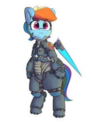 Size: 2733x3600 | Tagged: safe, artist:greyscaleart, artist:pabbley, color edit, edit, rainbow dash, pegasus, pony, g4, armor, bipedal, colored, cute, dashabetes, female, high res, mare, power armor, simple background, smiling, solo, transparent background