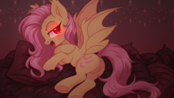 Size: 3840x2160 | Tagged: safe, artist:hawthornss, fluttershy, bat pony, pony, g4, bedroom eyes, blushing, butt, commission, cute, cute little fangs, ear fluff, fangs, featureless crotch, female, flutterbat, high res, looking at you, mare, open mouth, pillow, plot, smiling, solo, underhoof, wallpaper, wallpaper for the fearless