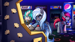 Size: 3840x2160 | Tagged: dead source, safe, artist:ciderpunk, oc, oc only, oc:chiptune, oc:moonlight melody, oc:passionfruit, bat pony, pony, arcade, arcade machine, arkanoid, bat pony oc, butt, food, games, high res, muffin, pepsi, playing, playing games, plot, soda, space invaders, taito, tron