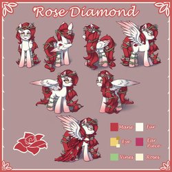 Size: 894x894 | Tagged: source needed, safe, artist:ligerstorm, oc, oc only, oc:rose diamond, pegasus, pony, cutie mark, female, flower, flower in hair, flower in tail, glasses, reference sheet, simple background, solo, spread wings, thorn, wings
