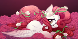 Size: 1024x524 | Tagged: safe, artist:starshinebeast, oc, oc only, oc:rose diamond, pegasus, pony, bed of roses, female, flower, flower in hair, flower in tail, glasses, mare, smiling, solo, spread wings, thorn, wings