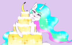 Size: 1504x952 | Tagged: safe, artist:zomixnu, princess celestia, pony, g4, banana, bananalestia, cake, cakelestia, female, food, solo