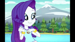 Size: 1280x720 | Tagged: safe, edit, screencap, rarity, equestria girls, g4, my little pony equestria girls: legend of everfree, animated, camp everfree, camp everfree logo, camp everfree outfits, cute, dancing, dancity, female, forest, lidded eyes, mountain, mountain range, music, raribetes, river, solo, sound, webm