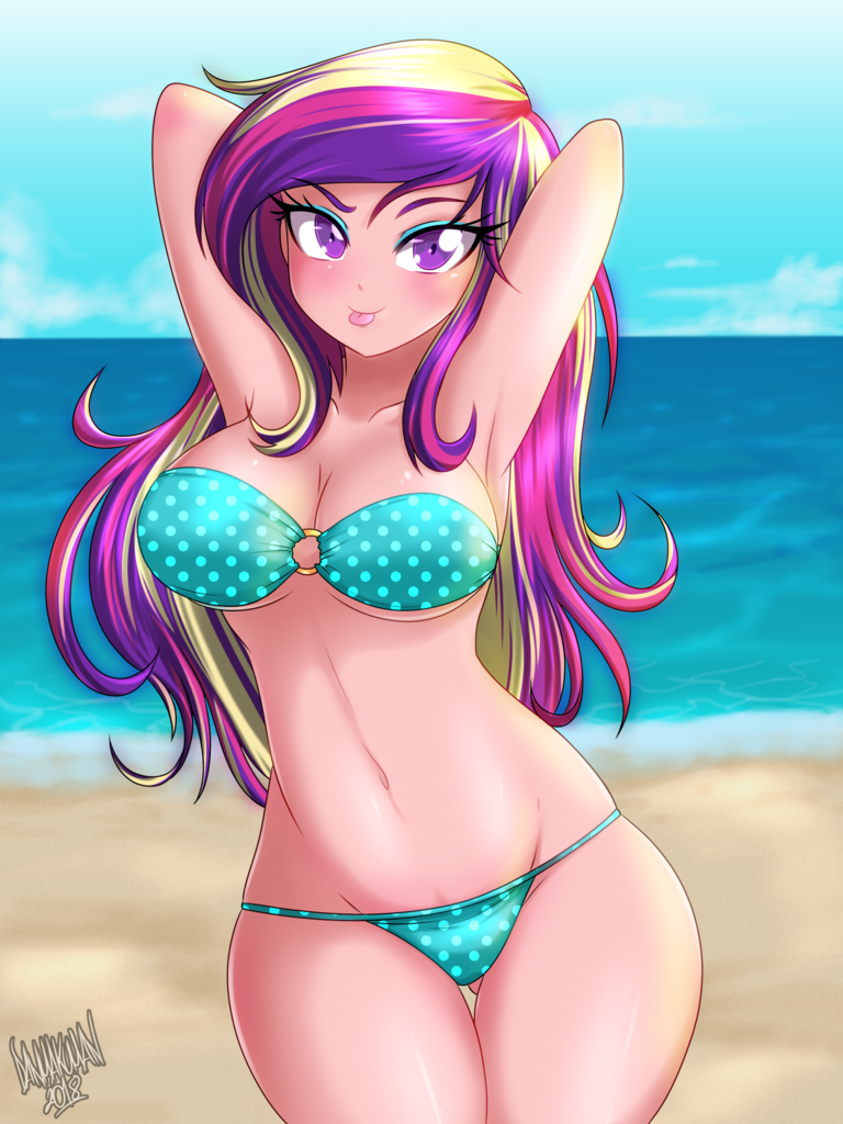 ...human, equestria girls, arm behind head, armpits, bandeau, beach, big br...