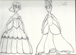 Size: 2338x1700 | Tagged: safe, artist:2tailedderpy, oc, oc only, oc:azure/sapphire, oc:cold front, human, black and white, charity, clothes, cosplay, costume, crossdressing, disney, disney princess, grayscale, high heels, humanized, humanized oc, monochrome, shoes, sketch, traditional art