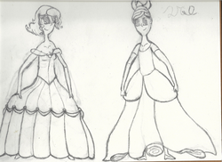 Size: 2338x1700 | Tagged: safe, artist:2tailedderpy, oc, oc only, oc:azure/sapphire, oc:cold front, human, beauty and the beast, belle, black and white, charity, cinderella, clothes, cosplay, costume, crossdressing, disney, disney princess, grayscale, high heels, humanized, humanized oc, monochrome, shoes, sketch, traditional art