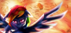 Size: 6147x2827 | Tagged: safe, artist:inkheartbrony, rainbow dash, pony, g4, secrets and pies, absurd resolution, cool guys don't look at explosions, evil pie hater dash, evil smile, explosion, female, food, grin, pie, signature, smiling, solo