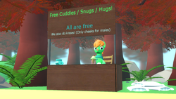Size: 1366x768 | Tagged: safe, artist:windywhirlytwirly, oc, oc only, oc:windy whirls, deer, original species, peryton, 3d, clothes, food, forest, free cuddles, free hugs, free snuggles, gmod, ice cream, pillow, plants, rock, scarf, sign, solo, stand, tree