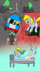 Size: 1080x1920 | Tagged: safe, derpy hooves, oc, oc:anon, human, pegasus, pony, g4, /mlp/, bed, bus, comic, description is relevant, drawthread, female, honk, hospital bed, human male, karma, male, mare, onomatopoeia