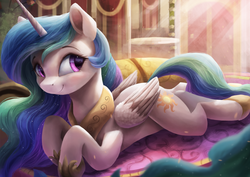 Size: 3600x2550 | Tagged: safe, artist:vanillaghosties, princess celestia, alicorn, pony, beautiful, celestia day, crepuscular rays, cute, cutelestia, female, looking at you, lying down, mare, prone, regal, smiling, solo, sploot