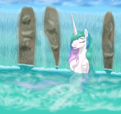 Size: 1445x1365 | Tagged: safe, artist:lifesharbinger, princess celestia, pony, g4, female, hot springs, solo, waterfall