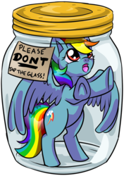 Size: 885x1258 | Tagged: safe, artist:dawnallies, part of a set, rainbow dash, pegasus, pony, g4, abuse, blue, chibi, dashabuse, don't tap the pony in the jar, female, glass, glass jar, part of a series, pony in a bottle, rainbow, simple background, solo, stuck, this will end in death, transparent background