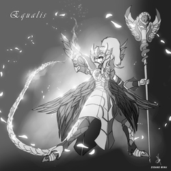 Size: 1440x1440 | Tagged: safe, artist:zidanemina, oc, oc only, oc:equalis, human, armor, armpits, crossover, digital art, female, humanized, humanized oc, majestic, monochrome, saint seiya, solo, staff