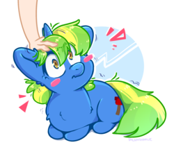 Size: 1800x1600 | Tagged: source needed, useless source url, safe, artist:dreamcharlie, oc, oc:speed, human, pony, unicorn, blushing, chest fluff, cute, cutie mark, disembodied hand, ear fluff, fluffy, hand, horn, petting, pony focus, ponyloaf, solo focus, surprised, ych result