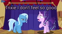 Size: 1210x660 | Tagged: safe, edit, starlight glimmer, trixie, pony, unicorn, g4, avengers: infinity war, disintegration, i don't feel so good, imminent death, implied death, meme, sad, stage, text