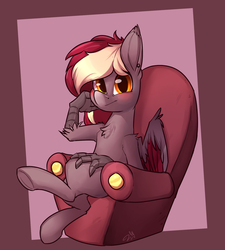 Size: 1280x1422 | Tagged: safe, artist:passigcamel, oc, oc only, oc:velvet quill, hippogriff, blushing, chair, chest fluff, cute, ear piercing, piercing, sitting