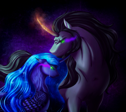 Size: 1576x1391 | Tagged: safe, artist:silverwolf866, king sombra, princess luna, alicorn, pony, unicorn, g4, corrupted, curved horn, female, horn, male, mare, ship:lumbra, shipping, sombra eyes, stallion, straight