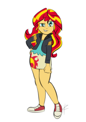 Size: 2480x3507 | Tagged: safe, artist:mlodyxd, sunset shimmer, equestria girls, clothes, converse, cute, female, jacket, leather jacket, legs, looking at you, miniskirt, shoes, simple background, skirt, sneakers, solo, transparent background
