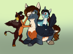 Size: 2671x1956 | Tagged: safe, artist:blackblood-queen, oc, oc only, oc:annie belle, oc:benny duke, oc:daniel dasher, dracony, hybrid, pegasus, pony, unicorn, glasses, gradient background, leonine tail, one eye closed, prone, siblings, smiling