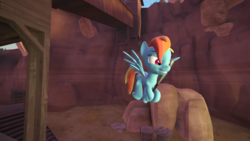 Size: 1024x576 | Tagged: safe, artist:thatonefluffs, rainbow dash, pegasus, pony, g4, 3d, baseball bat, female, flying, mare, solo, stairs, team fortress 2