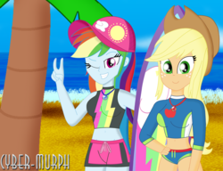 Size: 4392x3368 | Tagged: safe, artist:cyber-murph, applejack, rainbow dash, equestria girls, g4, my little pony equestria girls: better together, applejack's beach shorts swimsuit, beach, belly button, clothes, curvy, geode of sugar bombs, geode of super speed, hat, hips, magical geodes, midriff, one eye closed, peace sign, signature, surfboard, swimsuit, wink