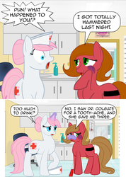 Size: 878x1236 | Tagged: safe, artist:zombiethegreat, nurse redheart, oc, oc:pun, earth pony, pony, unicorn, g4, female, hospital, mare, pun, race swap