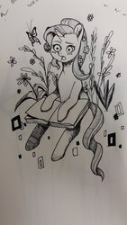 Size: 1161x2064 | Tagged: safe, artist:y_knowledge, starlight glimmer, butterfly, pony, unicorn, g4, book, female, flower, monochrome, sitting, solo, traditional art