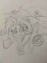 Size: 1280x1707 | Tagged: safe, artist:zemer, starlight glimmer, pony, unicorn, g4, the mean 6, 30 minute art challenge, backpack, crying, female, glowing horn, hat, horn, lamp, messy mane, monochrome, solo, traditional art