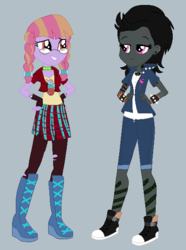 Size: 448x602 | Tagged: safe, artist:owletbrigthness, artist:selenaede, oc, oc only, oc:glitter shine (ice1517), oc:night rose (ice1517), equestria girls, g4, base used, boots, braid, braided pigtails, clothes, converse, ear piercing, earring, equestria girls-ified, female, fingerless gloves, glasses, gloves, jacket, jewelry, leggings, pantyhose, piercing, pigtails, plaid skirt, ripped pantyhose, shoes, shorts, skirt, sneakers, spiked wristband, tattoo, torn clothes, wristband