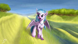 Size: 3840x2160 | Tagged: safe, artist:cluvry, silverstream, classical hippogriff, hippogriff, g4, female, field, high res, sky, smiling, solo, tree