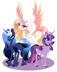 Size: 2481x3142 | Tagged: safe, alternate version, artist:silkensaddle, princess celestia, princess luna, twilight sparkle, alicorn, pony, g4, alternate color palette, colored hooves, colored wings, colored wingtips, ear fluff, ethereal mane, female, gradient wings, high res, mare, multicolored wings, royal sisters, simple background, spread wings, starry mane, transparent background, trio, twilight sparkle (alicorn), unshorn fetlocks, wings