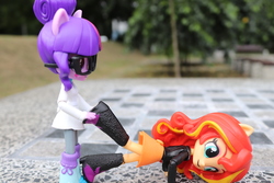 Size: 6000x4000 | Tagged: safe, artist:artofmagicpoland, sci-twi, sunset shimmer, twilight sparkle, equestria girls, g4, doll, dragging, equestria girls minis, female, irl, photo, this will end in experiments, this will end in tears, this will not end well, toy