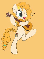 Size: 3120x4160 | Tagged: safe, artist:icicle-niceicle-1517, artist:lunem0on, color edit, edit, pear butter, earth pony, pony, g4, acoustic guitar, bipedal, colored, cute, female, flower, flower in hair, guitar, mare, music notes, musical instrument, one eye closed, open mouth, orange background, pearabetes, simple background, solo, wink
