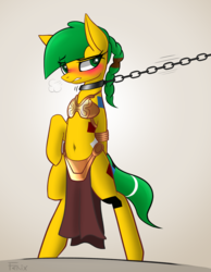 Size: 2847x3662 | Tagged: safe, artist:fenixdust, oc, oc only, oc:blocky bits, earth pony, pony, belly button, bikini, bipedal, blushing, bondage, bra, bra on pony, chains, clothes, cute, female, high res, mare, motion lines, princess leia, signature, slave leia outfit, solo, star wars, swimsuit, upright