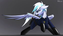 Size: 4445x2559 | Tagged: safe, artist:fenixdust, oc, oc only, oc:falling skies, pegasus, pony, clothes, female, gun, latex, police officer, solo, uniform, weapon