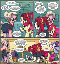 Size: 912x974 | Tagged: safe, artist:agnesgarbowska, idw, official comic, apple bloom, cherry jubilee, marian, earth pony, pony, g4, my little pony: ponyville mysteries, spoiler:comic, spoiler:comicponyvillemysteries2, bowling, bowling ball, flower, unnamed character, unnamed pony