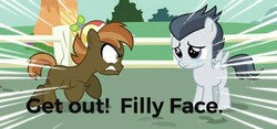 Size: 781x366 | Tagged: safe, button mash, rumble, earth pony, pegasus, pony, g4, abuse, bully, bullying, colt, crying, foal, hat, male, op is a duck, rumblebuse, sad, spread wings, text, this will end in school shooting, wings