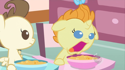 Size: 1366x768 | Tagged: safe, screencap, pound cake, pumpkin cake, pegasus, pony, unicorn, baby cakes, g4, baby, baby pony, bow, cute, foal, food, funny face, hair bow, hub logo, open mouth