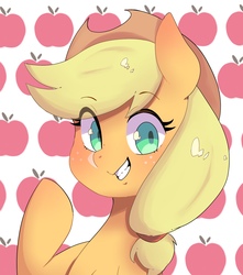 Size: 2389x2706 | Tagged: safe, artist:koto, applejack, earth pony, pony, g4, apple, female, food, glazed eyes, high res, looking at you, mare, smiling, solo