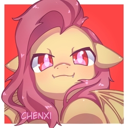 Size: 1100x1100 | Tagged: safe, artist:chenxi, fluttershy, bat pony, pony, g4, bust, fangs, female, flutterbat, looking at you, mare, race swap, red background, simple background, solo