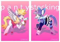 Size: 708x501 | Tagged: safe, artist:chenxi, angel, angel pony, pegasus, pony, unicorn, anarchy panty, anarchy stocking, bow, bracelet, clothes, dress, duo, ear piercing, earring, female, gun, jewelry, mare, panty and stocking with garterbelt, piercing, ponified, skirt, stockings, sword, thigh highs, weapon