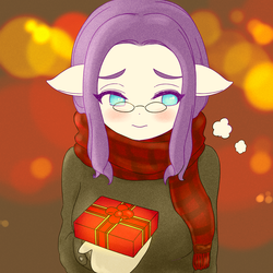 Size: 1929x1929 | Tagged: safe, artist:sigpi, rarity, anthro, g4, blushing, clothes, female, glasses, holiday, present, scarf, solo, valentine's day