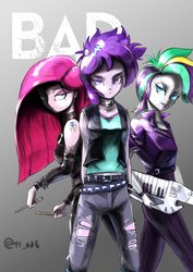 Size: 2893x4092 | Tagged: safe, artist:oberon826, pinkie pie, rarity, starlight glimmer, equestria girls, g4, alternate hairstyle, belt, clothes, drumsticks, female, gradient background, jacket, jeans, keytar, leather jacket, looking at you, musical instrument, pants, pinkamena diane pie, punk, raripunk, ripped jeans, trio