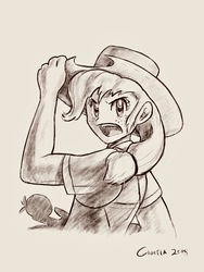 Size: 3072x4096 | Tagged: safe, artist:cigitia, applejack, human, g4, clothes, commission, cowboy hat, female, freckles, hat, humanized, open mouth, pencil drawing, solo, stetson, traditional art