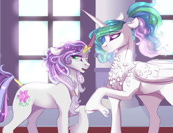 Size: 1024x788 | Tagged: safe, artist:anyatrix, princess celestia, oc, oc:dawn radiance, pony, unicorn, g4, alternate hairstyle, curved horn, female, horn, mare, mother and daughter, offspring, parent:king sombra, parent:princess celestia, parents:celestibra