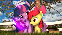 Size: 1920x1080 | Tagged: safe, artist:apexpredator923, apple bloom, twilight sparkle, alicorn, pony, g4, 3d, book, hug, magic, twilight sparkle (alicorn), winghug